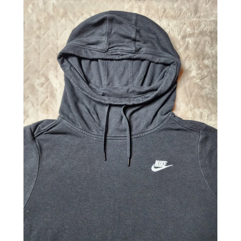 Nike Womens Black Funnel Cowl Neck Pullover Hoodie White Logo Medium